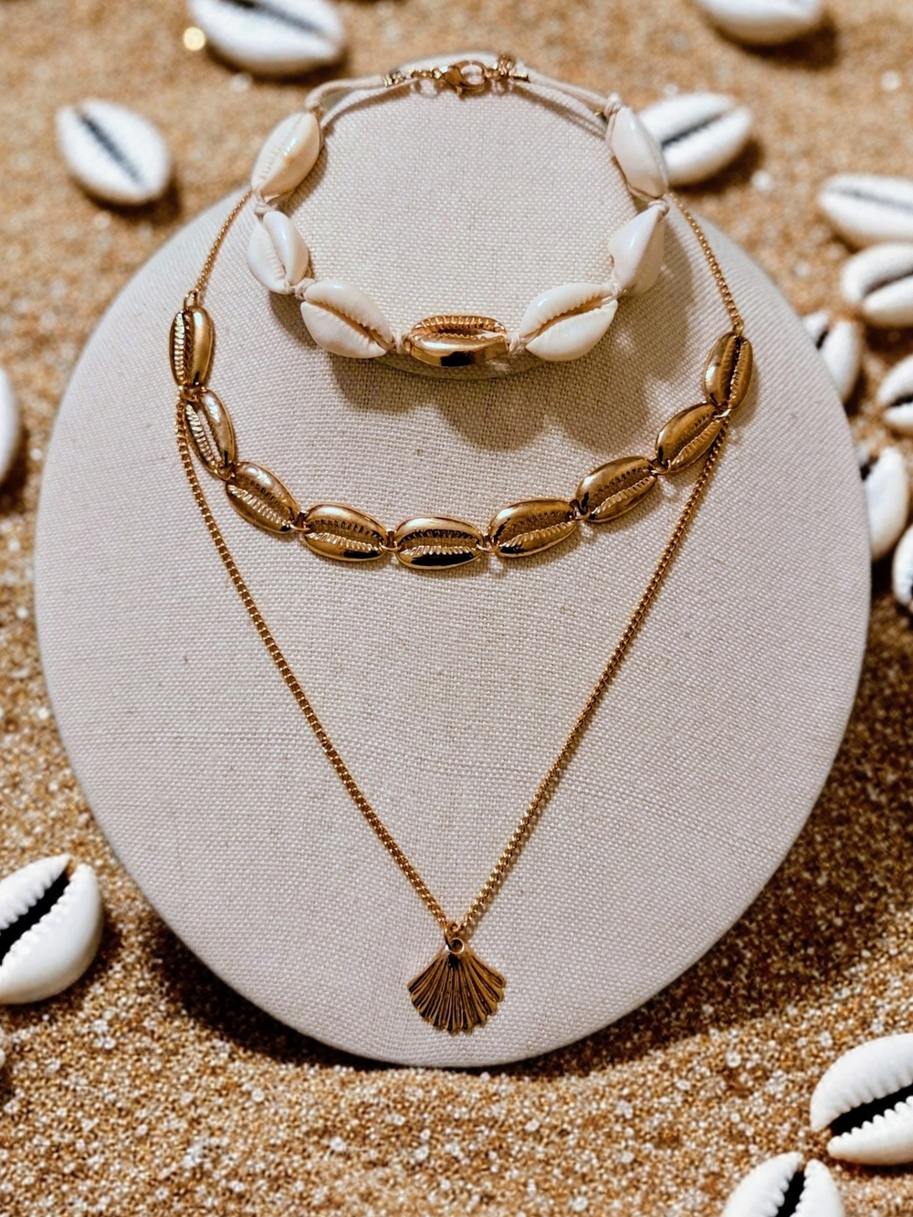 Gold Shell Layered Necklace Set with Cream & Gold Cowrie Bracelet